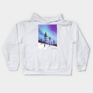 Dancing aurora on snowy landscape watercolor artwork Kids Hoodie